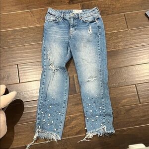 Free People Blue Straight Leg Jeans with Distressed Details